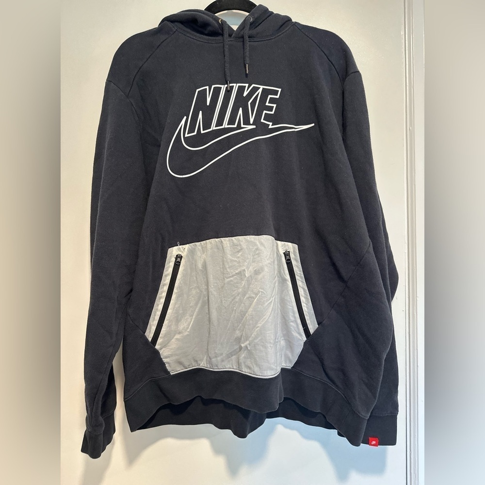Nike Men’s XXL Hybrid Black Logo Hoodie Off White Canvas Zip Kangaroo Pocket.